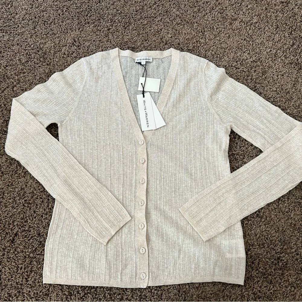 NWT White + Warren Linen Gauze Verigated Ribbed Cardi Top in Oatmeal Heather - Picture 4 of 13